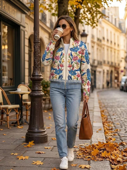 Cardigan Donna in Maglia Crema con Stampa Floreale Botanica