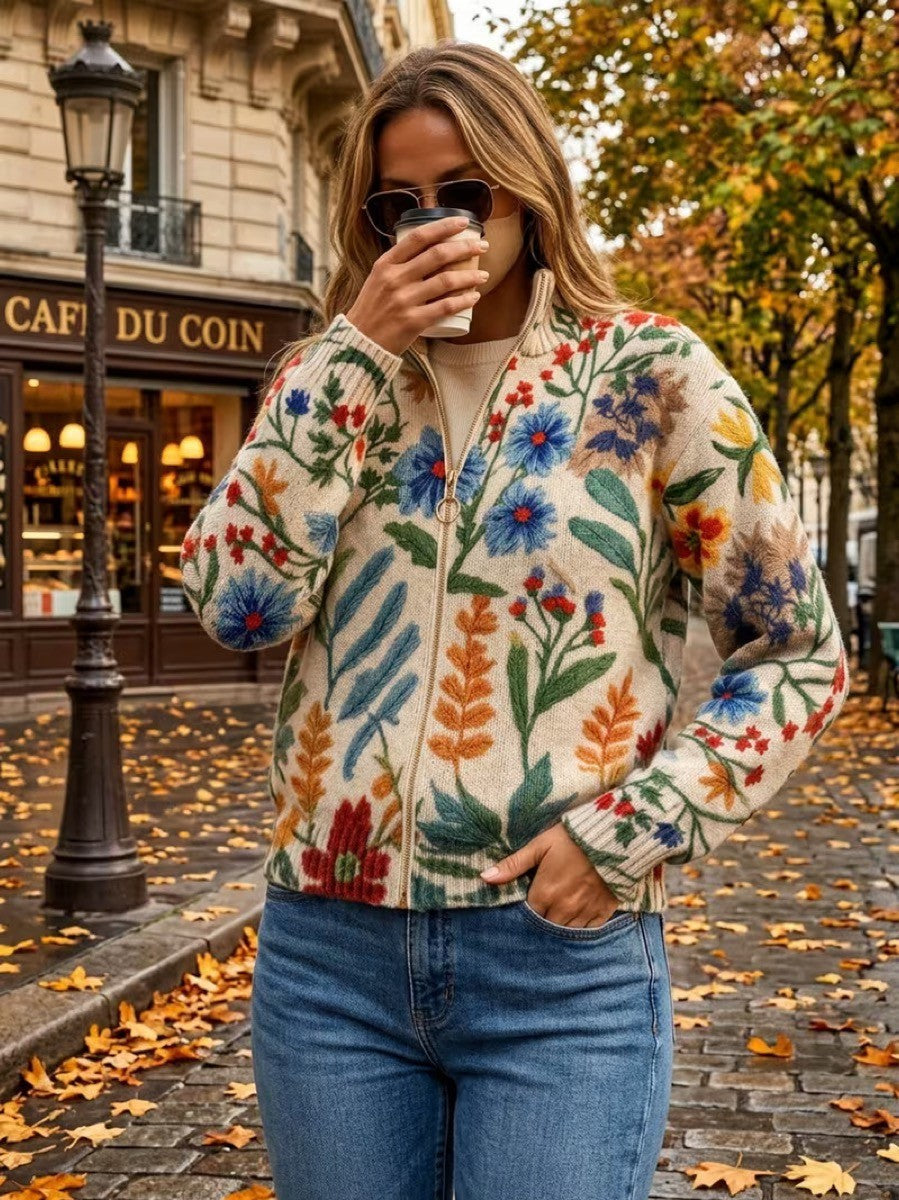 Cardigan Donna in Maglia Crema con Stampa Floreale Botanica