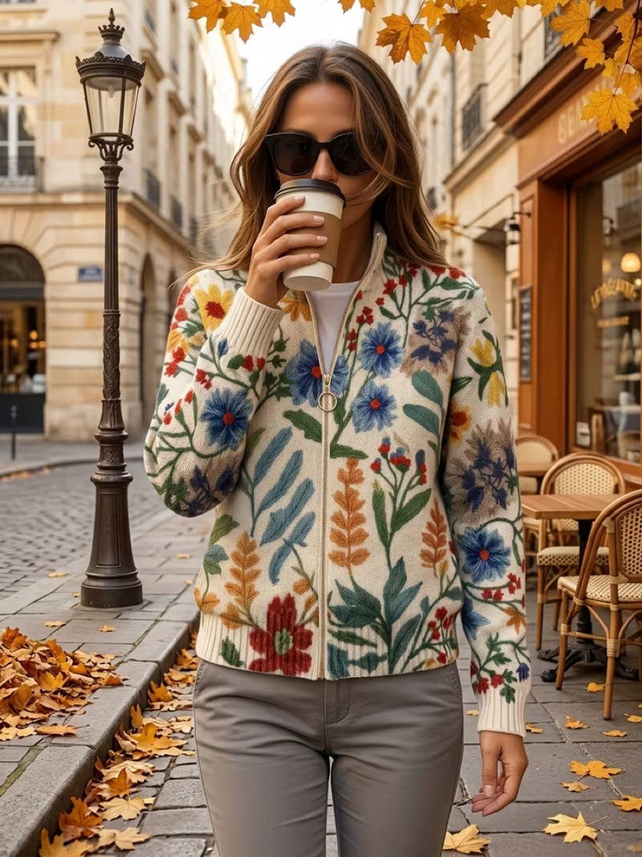 Cardigan Donna in Maglia Crema con Stampa Floreale Botanica