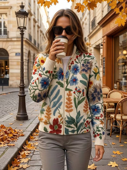 Cardigan Donna in Maglia Crema con Stampa Floreale Botanica