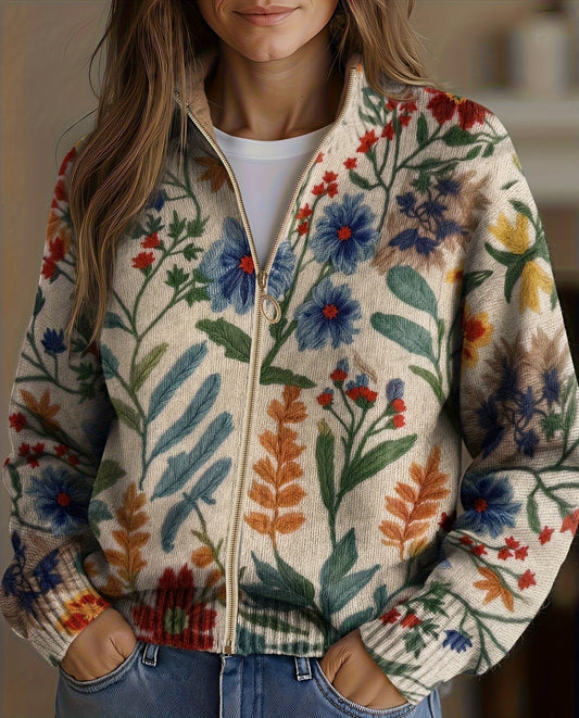 Cardigan Donna in Maglia Crema con Stampa Floreale Botanica