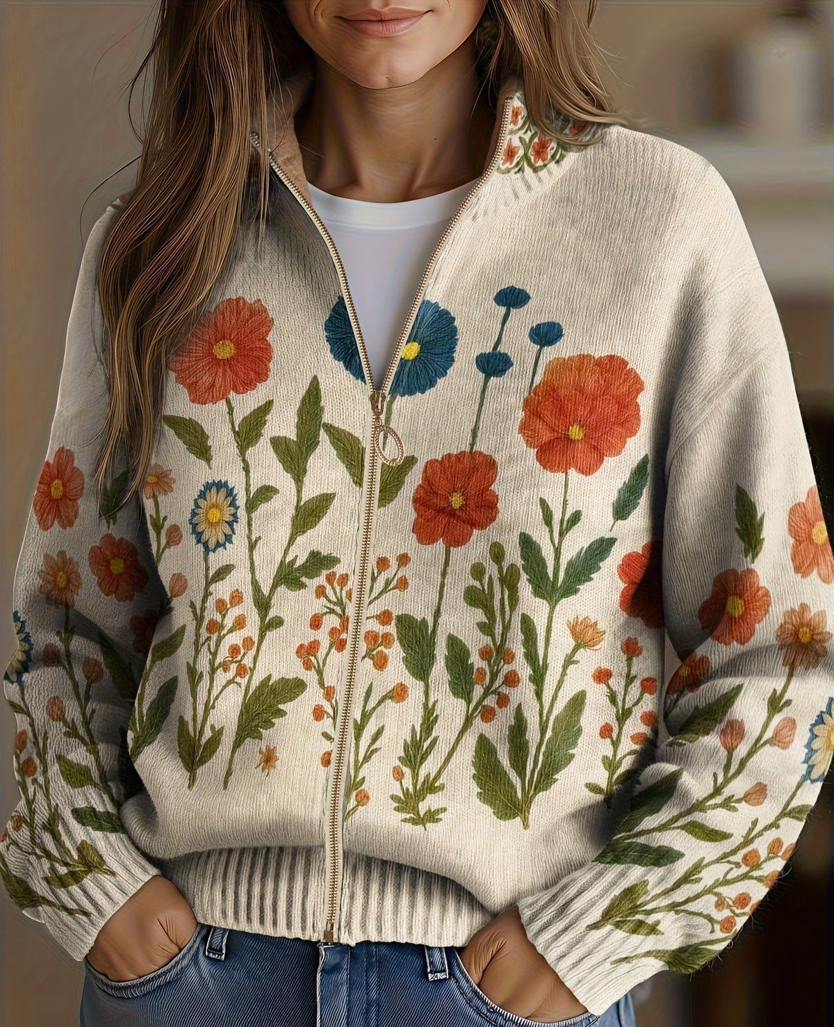 Cardigan Donna in Maglia Crema con Stampa Floreale