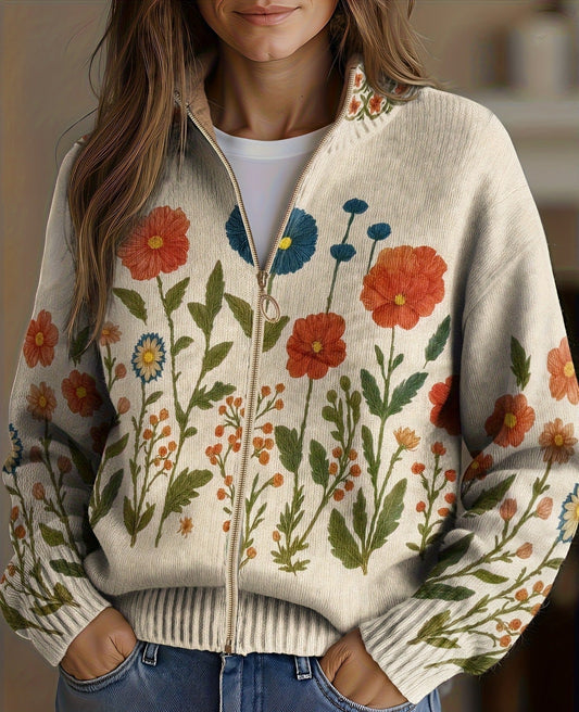Cardigan Donna in Maglia Crema con Stampa Floreale